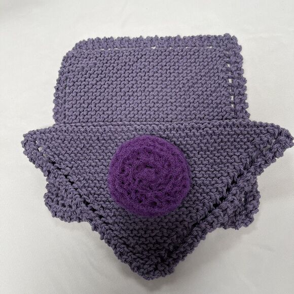 Hand Knit Dish Cloth Set of 2 Plus Scrubbie 100% Cotton Purple Kitchen Gift - Picture 6 of 6